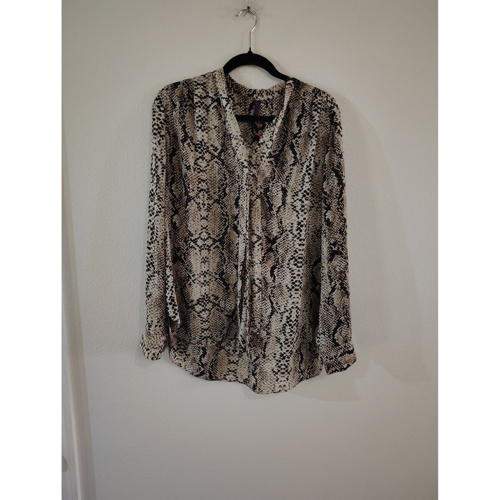 NYDJ Snakeskin Print V-Neck Long Sleeve Blouse Tan Black Cream Size Medium